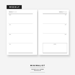 Pode incluir: Um planejador semanal minimalista em preto e branco com um design simples. O planejador é dividido em duas colunas, uma para segunda a quinta-feira e a outra para sexta a domingo. Há uma seção para notas na parte inferior da coluna direita.