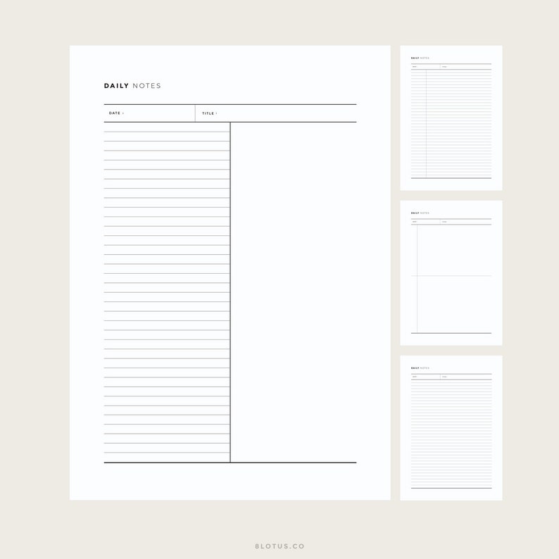 May include: A printable daily notes planner with sections for date, title, and notes. The planner includes three additional pages for notes.