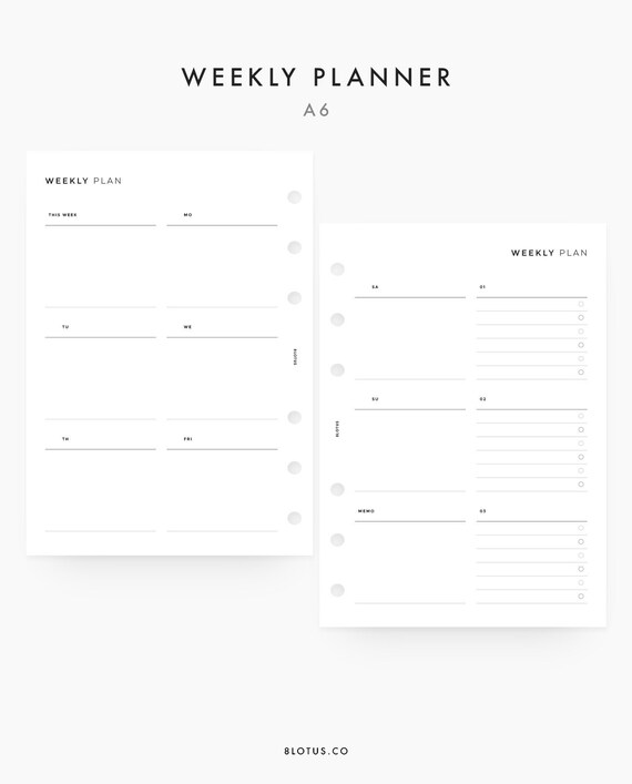 Weekly Planner A6 Planner Inserts, Weekly Schedule, A6 Refill