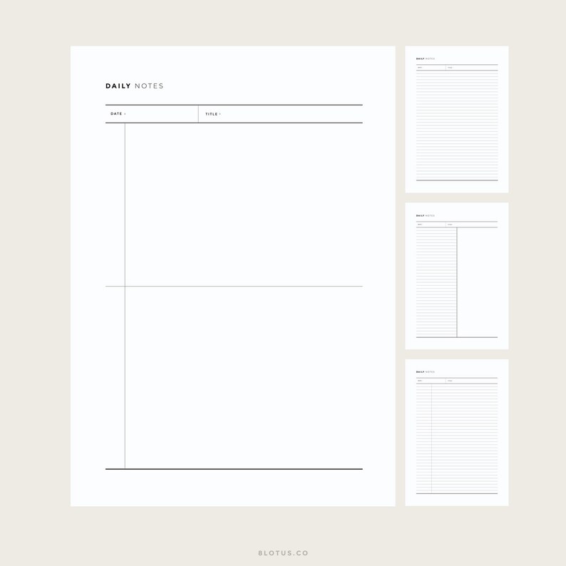 May include: A printable daily notes planner with sections for date, title, and notes. The planner has three additional pages with lined sections for additional notes.