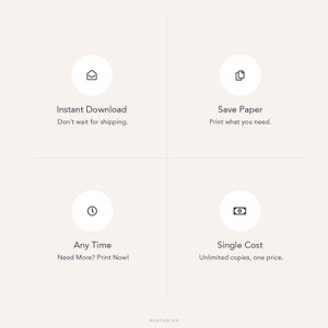 May include: Four icons with text describing the benefits of digital downloads. The first icon is an envelope and says "Instant Download. Don't wait for shipping.". The second icon is a document and says "Save Paper. Print what you need.". The third icon is a clock and says "Any Time. Need More? Print Now!". The fourth icon is a dollar sign and says "Single Cost. Unlimited copies, one price."