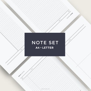 May include: A set of lined notepads in A4 and Letter sizes. The notepads are white with black lines and have a black header that says "Daily Notes". The notepads are arranged in a diagonal pattern with a black rectangle in the center that says "Note Set A4 &bull; Letter".