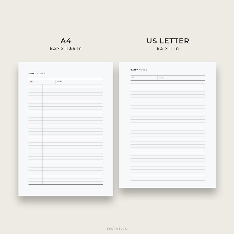 May include: Two blank daily notes pages, one in US Letter size (8.5 x 11 inches) and one in A4 size (8.27 x 11.69 inches). Each page has a header that says "Daily Notes" and includes space for the date and title.