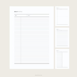 May include: Printable daily notes planner with a title and date section at the top. The planner has lined pages for writing notes and a blank section for additional notes.