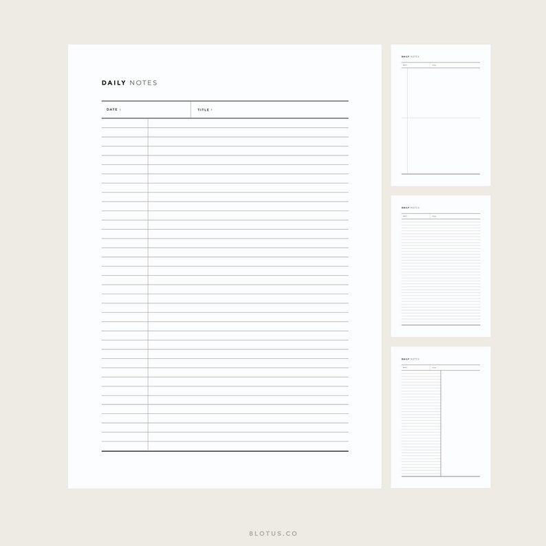 May include: Printable daily notes planner with a title and date section at the top. The planner has lined pages for writing notes and a blank section for additional notes.