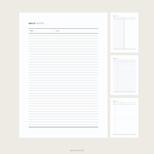 May include: A printable daily notes planner with sections for date, title, and notes. The planner has a simple, minimalist design with black lines on a white background.