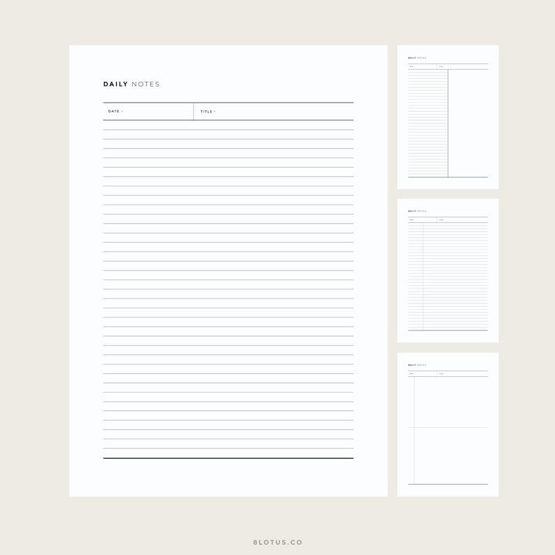 May include: A printable daily notes planner with sections for date, title, and notes. The planner has a simple, minimalist design with black lines on a white background.