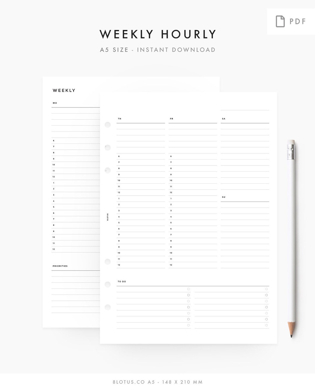 A5 - Minimal Weekly Hourly Planner - Printable Planner Inserts, A5 ...