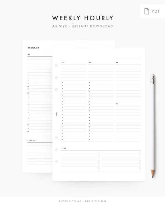 a5 minimal weekly hourly planner printable planner inserts a5 agenda printable pdf instant download weekly hourly planners