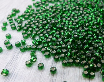 Silver Lined Glass Seed Beads for Crafting and Jewelry Making Dk Green Colours
