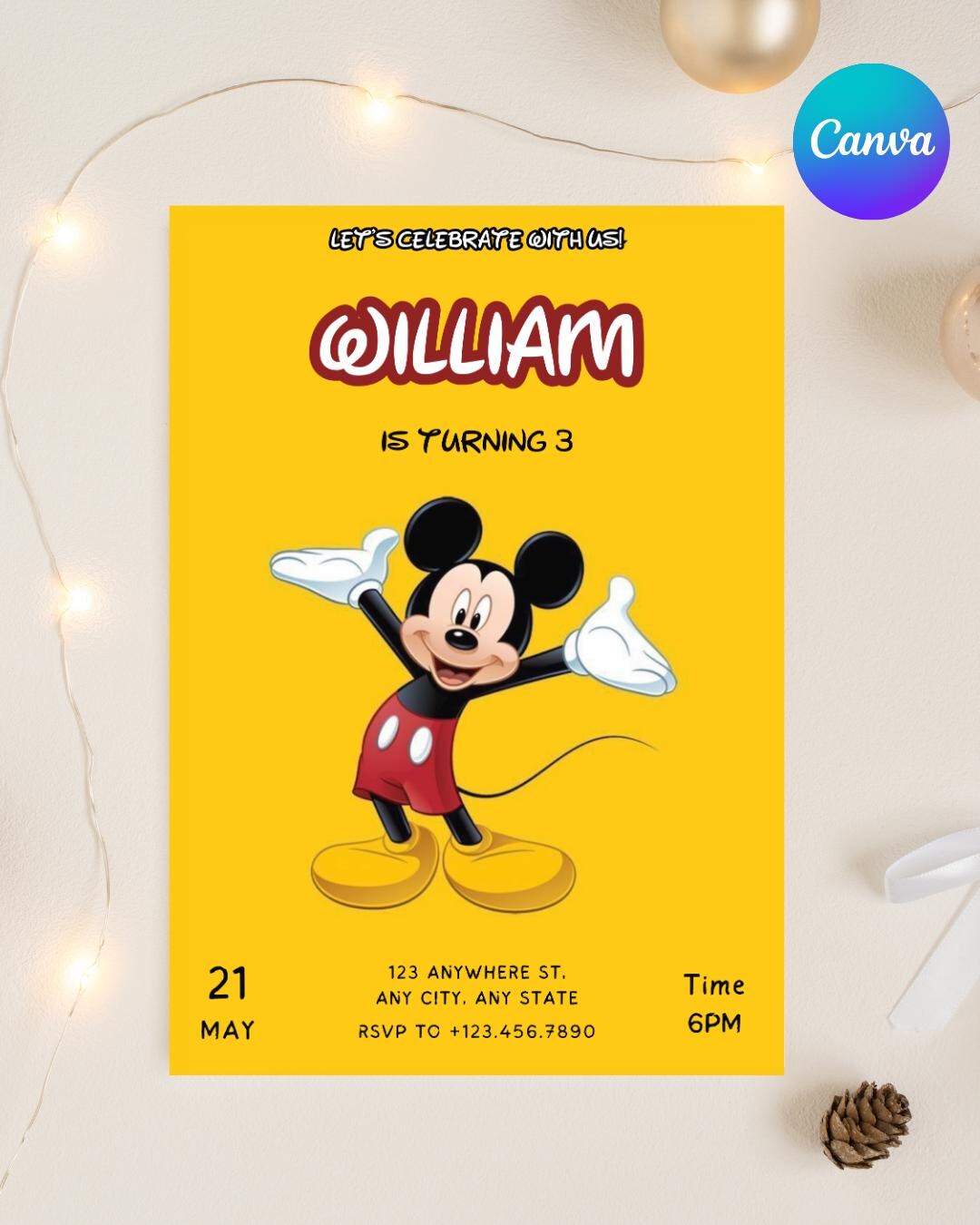 Editable Mickey Mouse Party Invitation for Boy, Printable Birthday ...