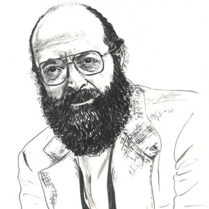 May include: A black and white pencil sketch portrait of a man with glasses and a full beard. He is wearing a blazer. The artist's signature and the year 92 are in the lower right corner.