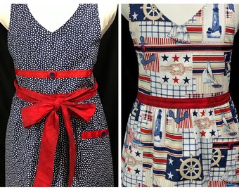 Woman’s nautical apron, White dots on navy apron, V-neck, Gathered skirt, Cooking, Reversible, Handmade in USA, Christmas gift, Birthday