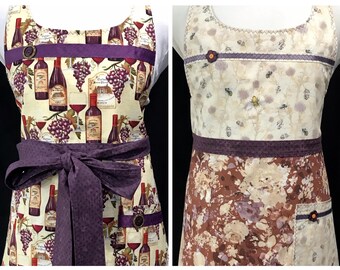 Reversible Woman's Apron: Bees, Floral and Wine Print, U-neck, A-line, Cotton, Kitchen, Handmade in USA