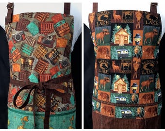 Reversible Northwoods/World Map Apron: Chef's Style, Men’s, Cotton, Kitchen, Handmade in USA