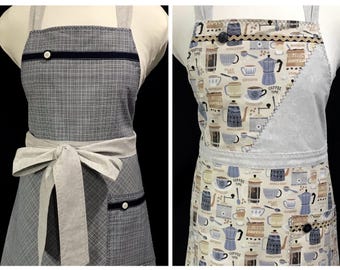 Navy grid apron, Coffee apron, Blue, Tan, Bib top, A-line, Cooking, Reversible, Woman’s, Handmade in USA, Christmas gift, Birthday
