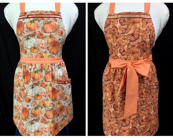 Pumpkin apron, Orange butterflies apron, Bib top, Gathered skirt, Cooking, Reversible, Woman’s, Handmade in USA, Christmas gift, Birthday