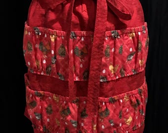 Red Egg Gathering Apron: Chicken & Floral Pockets, Handmade in USA