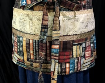 Teacher Apron: Handmade in USA, Cotton Utility Apron with Pockets - Books Print