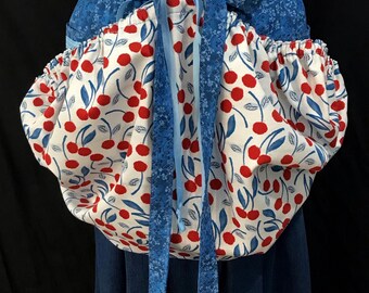 Gathering apron, Cherries apron, Blue floral, Garden, Harvest, Collecting, Produce, Woman’s, Handmade in USA, Christmas gift, Birthday, Gift