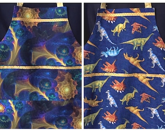 Boy’s apron, Colorful dinosaurs apron, Cosmic flashes, Cooking, Crafting, Reversible, Children’s, Handmade in USA, Christmas gift, Birthday