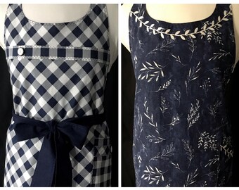 Modified chefs apron, White leaves on navy, Blue and white checks, Cooking, Reversible, Woman’s, Handmade in USA, Christmas gift, Birthday