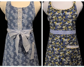 Blue floral apron, Hydrangeas apron, Blue, Yellow, U-neck, A-line, Wavy hem, Reversible, Woman’s, Handmade in USA, Christmas gift, Birthday