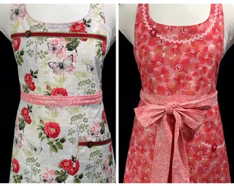 Pink roses apron, Packed flowers apron, U-neck, A-line, Wavy hem, Kitchen, Reversible, Woman’s, Handmade in USA, Christmas gift, Birthday
