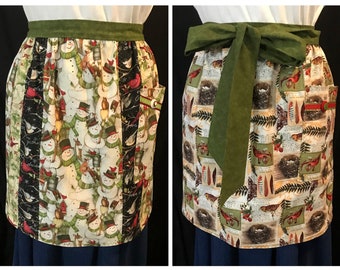 Snowman half apron, Winter patchwork, Nature, Cardinals, Gathered, Cooking, Reversible, Woman’s, Handmade in USA, Christmas gift, Birthday