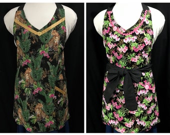Jungle leopard apron, Pink floral apron, Greens, Modified chefs, V-neck, Reversible, Woman’s, Kitchen, Handmade in USA, Christmas gift, Gift