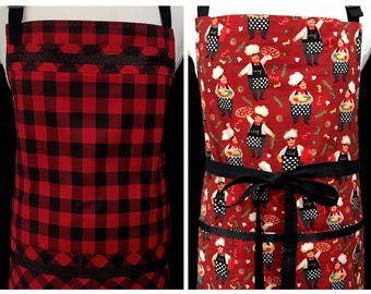 Reversible Buffalo Plaid Apron: Italian Chef Style, Cotton, Kitchen, Men’s, Handmade in USA