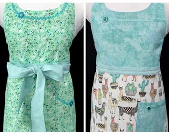 Woman’s apron, Lovely llamas apron, Aqua succulents, Green and aqua floral, U-neck, A-line, Reversible, Handmade in USA, Christmas, Birthday