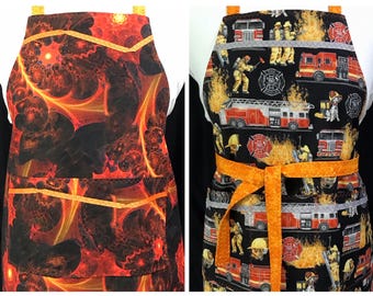 Boy’s apron,  Firetrucks apron, Orange bursts, Red, Cooking, Crafting, Reversible, Children’s, Handmade in USA, Christmas gift, Birthday