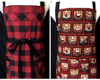 Red and black Buffalo plaid man’s apron, Fun chefs medallions, Chef’s style, Cooking, Grilling, Reversible, Handmade in USA, Christmas, Gift