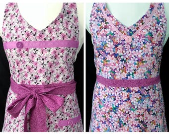Reversible Fuschia Daisies Apron: V-Neck A-Line Skirt, Cotton Kitchen Handmade in USA