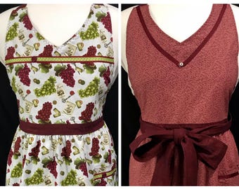 Reversible Grapes and Wine Vines Apron:  Cotton V-Neck Gathered Kitchen Handmade in USA