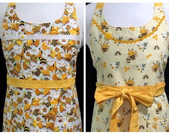 Bee Gnome Reversible Apron: Handmade in USA, Women's Cotton Kitchen Apron