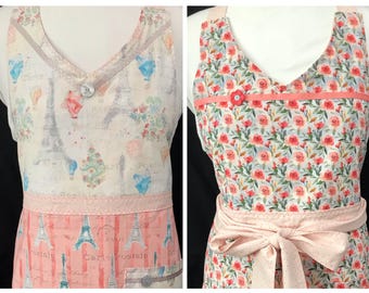 Reversible Coral Roses and Paris Apron: Cotton Kitchen Handmade Women's V-Neck A-Line Skirt