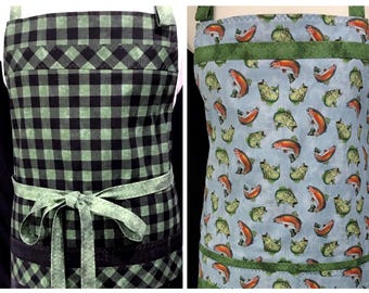 Reversible Chef Apron: Fish Print and Buffalo Plaid, Cotton, Men’s, Handmade in USA