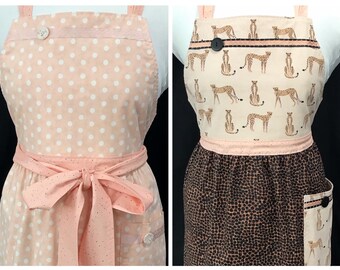 Cheetah apron, Peach dots apron, Brown, Bib top, Gathered skirt, Cooking, Reversible, Woman’s, Handmade in USA, Christmas gift, Birthday