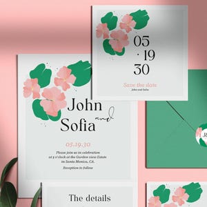 Invitación de boda atemporal en tonos rubor y salvia – Conjunto de plantillas Canva | Tarjeta floral editable de RSVP, reserva la fecha y detalles: descarga instantánea