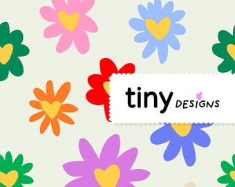 Colorful Flower Power Seamless Pattern – Funky Hand-Drawn Flowers with Hearts, Retro Digital Paper for Fabric & Crafts