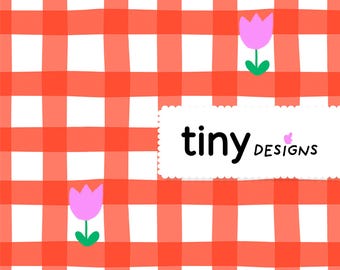 Red Gingham Tulip Pattern – Seamless Digital Download | Cottagecore Floral Fabric Print | Pink Flower Spring Design for Sublimation & Crafts