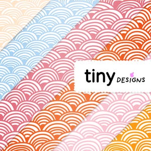 Peut inclure: Collection de papiers numériques à motifs avec un motif de vagues répétées en pêche, bleu, rose et orange. Le texte "tiny designs" est affiché sur une étiquette blanche.
