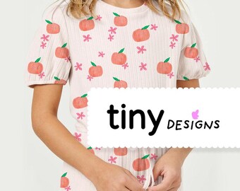 Patrón de pequeños melocotones y flores: diseño floral de melocotón sin costuras para tela, sublimación y papelería | Descarga digital primavera verano