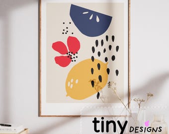 Modern Abstract Poster Lemon Poppy & Blue Watermelon | Miro‑Inspired Art | Printable 8.5×11″ Digital Download