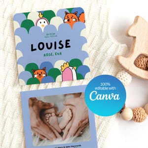 Editable Birth Announcement Template – Fox & Hen (Blue/Green Summer Card)