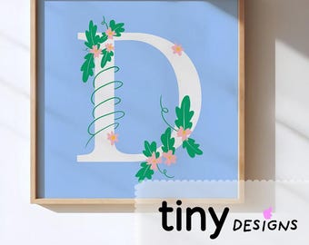 Floral Letter Art | Name Initial Printable | Nursery Decor | Baby Shower Gift | Stationery or Poster art | Digital Download PNG + PDF | D |