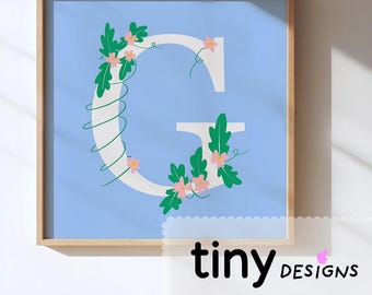 Floral Letter Art | Name Initial Printable | Nursery Decor | Baby Shower Gift | Stationery or Poster art | Digital Download PNG + PDF | G |