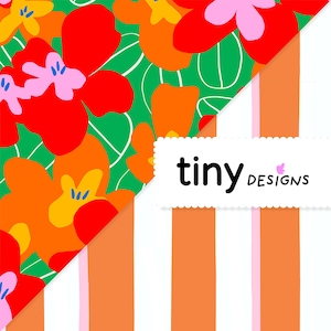 Peut inclure: Un motif coloré avec de grandes fleurs abstraites rouges, oranges et roses sur un fond vert. Le motif est juxtaposé à un motif à rayures orange et blanc. Le texte "tiny designs" est affiché sur une étiquette blanche.